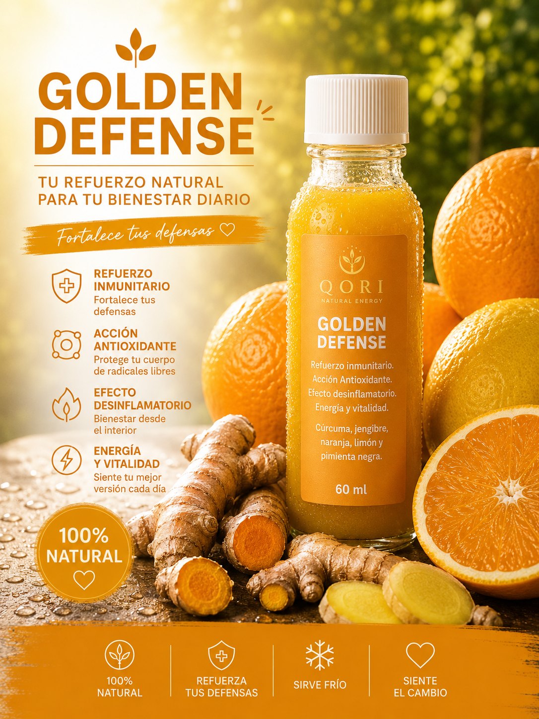 Golden Defense, shot de cúrcuma, jengibre, pimienta negra y cítricos