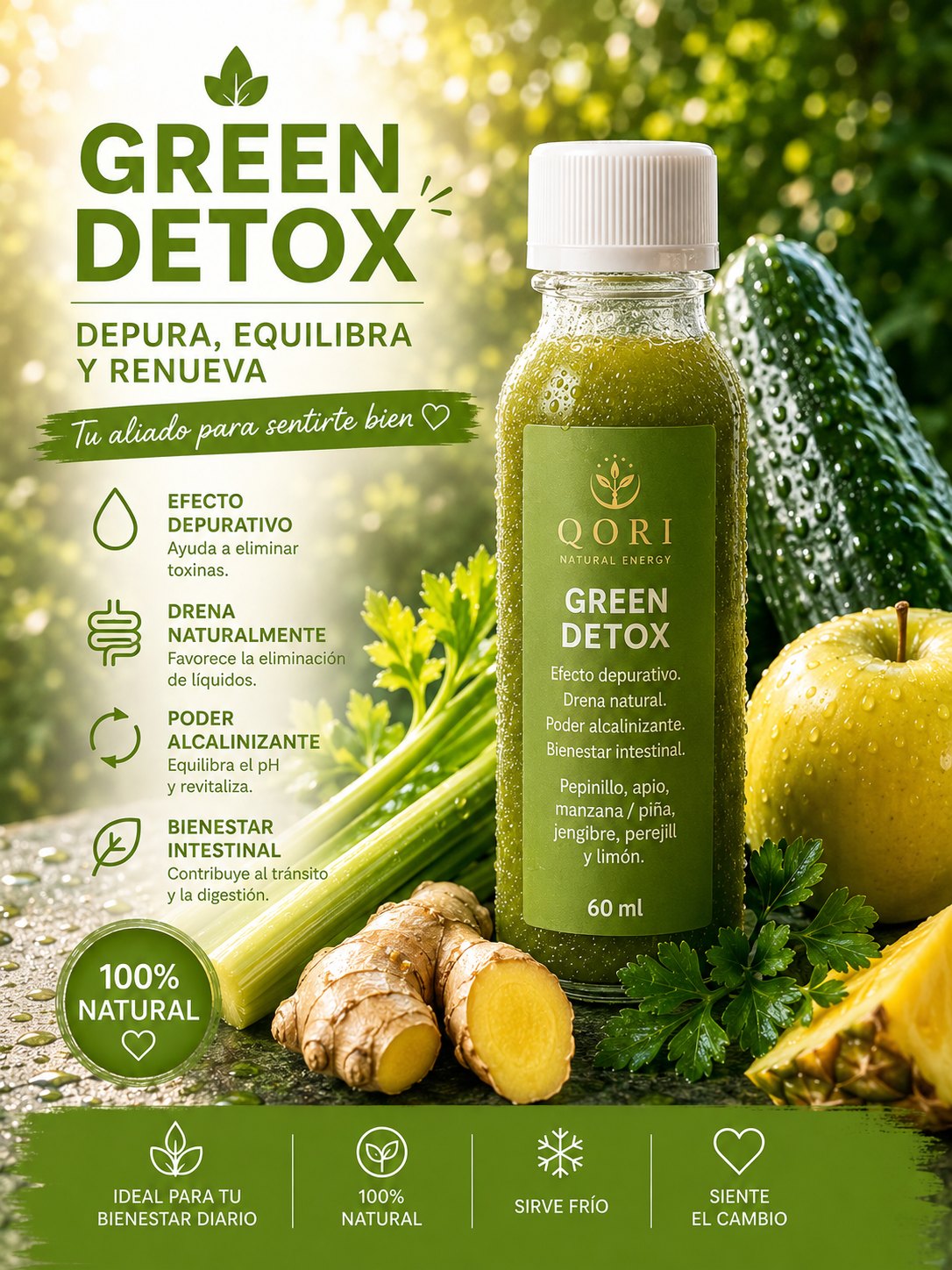 Green Detox, shot de pepino, apio, manzana verde, jengibre y limón