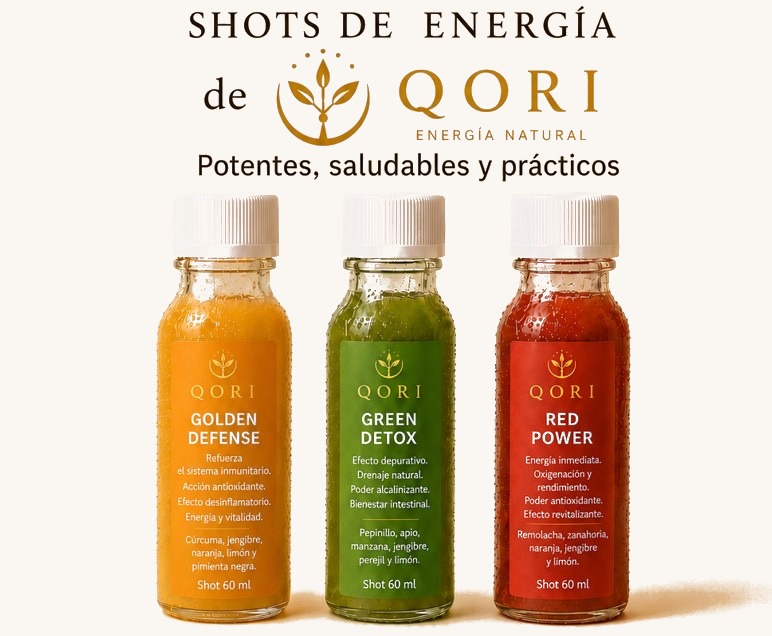 Los tres shots naturales QORI — Golden Defense, Green Detox y Red Power — juntos sobre fondo neutro
