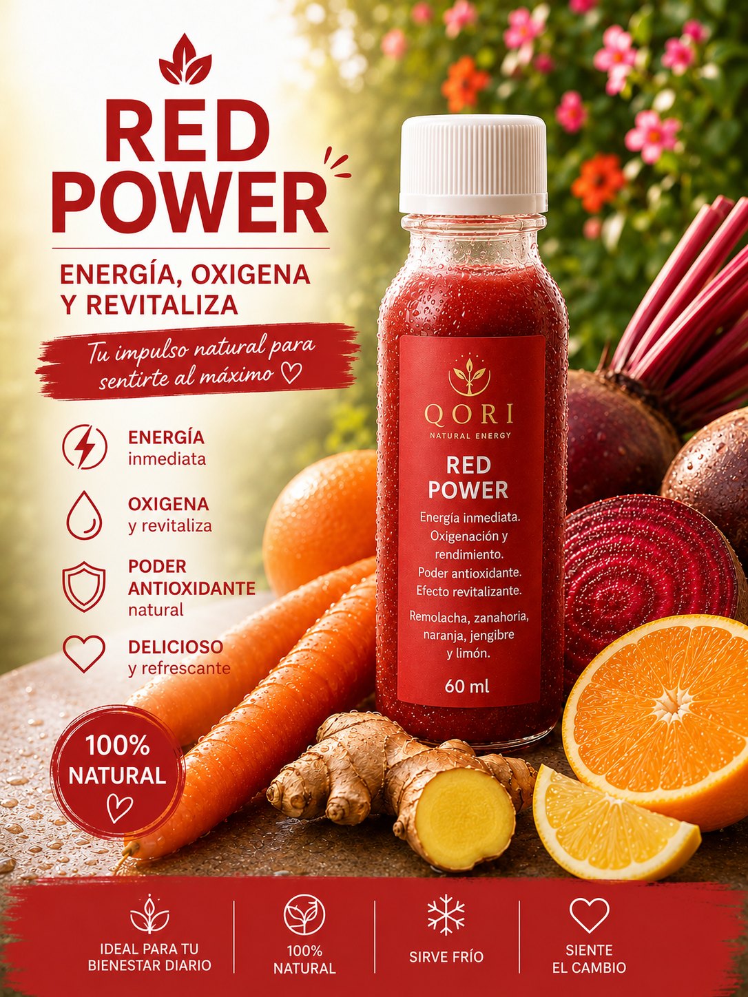 Red Power, shot de remolacha, zanahoria, naranja, jengibre y limón