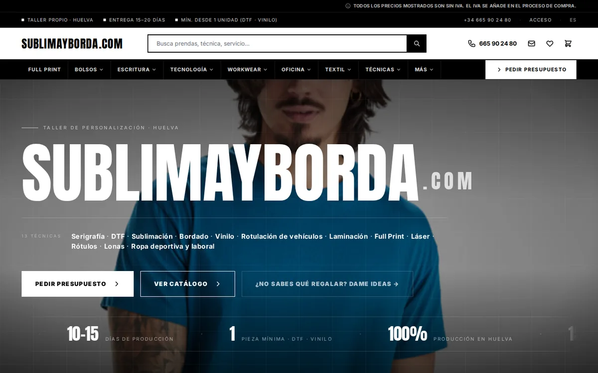 Tienda online de Sublimayborda, taller de personalización textil en Huelva, proyecto de WebsBarcelona