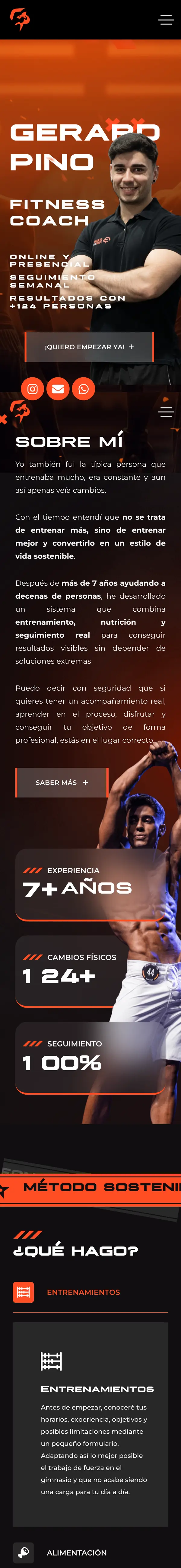 Landing page de Gerard Pino, entrenador personal en Barcelona, vista en un móvil: diseño y desarrollo de WebsBarcelona