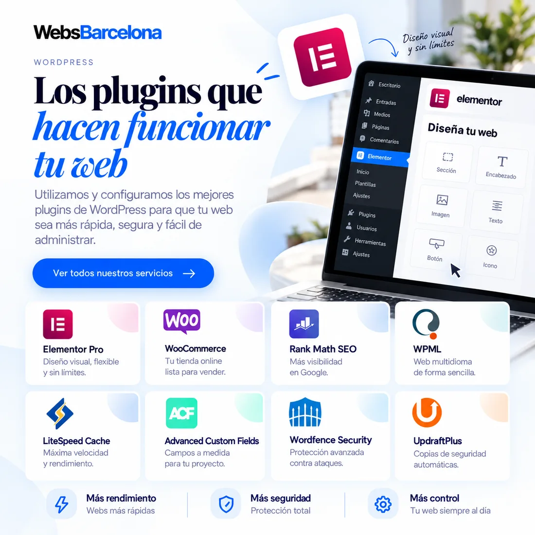 Plugins de WordPress que usamos en el diseño web: Elementor Pro, WooCommerce, Rank Math SEO, WPML, LiteSpeed Cache, Advanced Custom Fields, Wordfence y UpdraftPlus